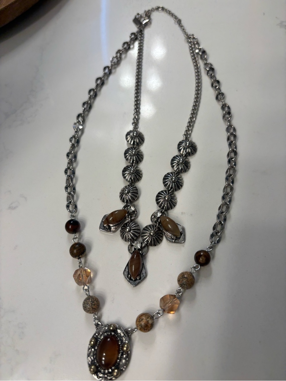 Silver-Tone Layered Necklace with Brown and Amber Stones by